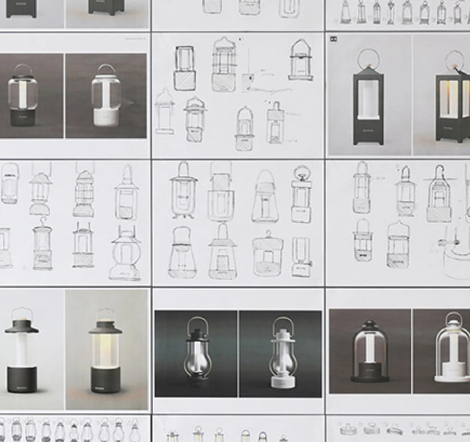 Wall of design sketches and prototype renderings showing the creative development process of BALMUDA The Lantern.