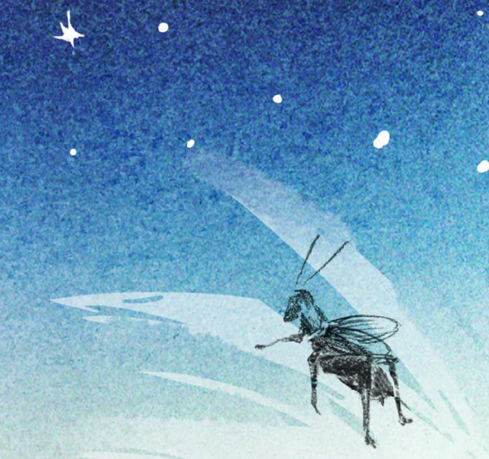 Illustrated drawing of a flying insect under a starry twilight sky, evoking a whimsical, storybook-like atmosphere.