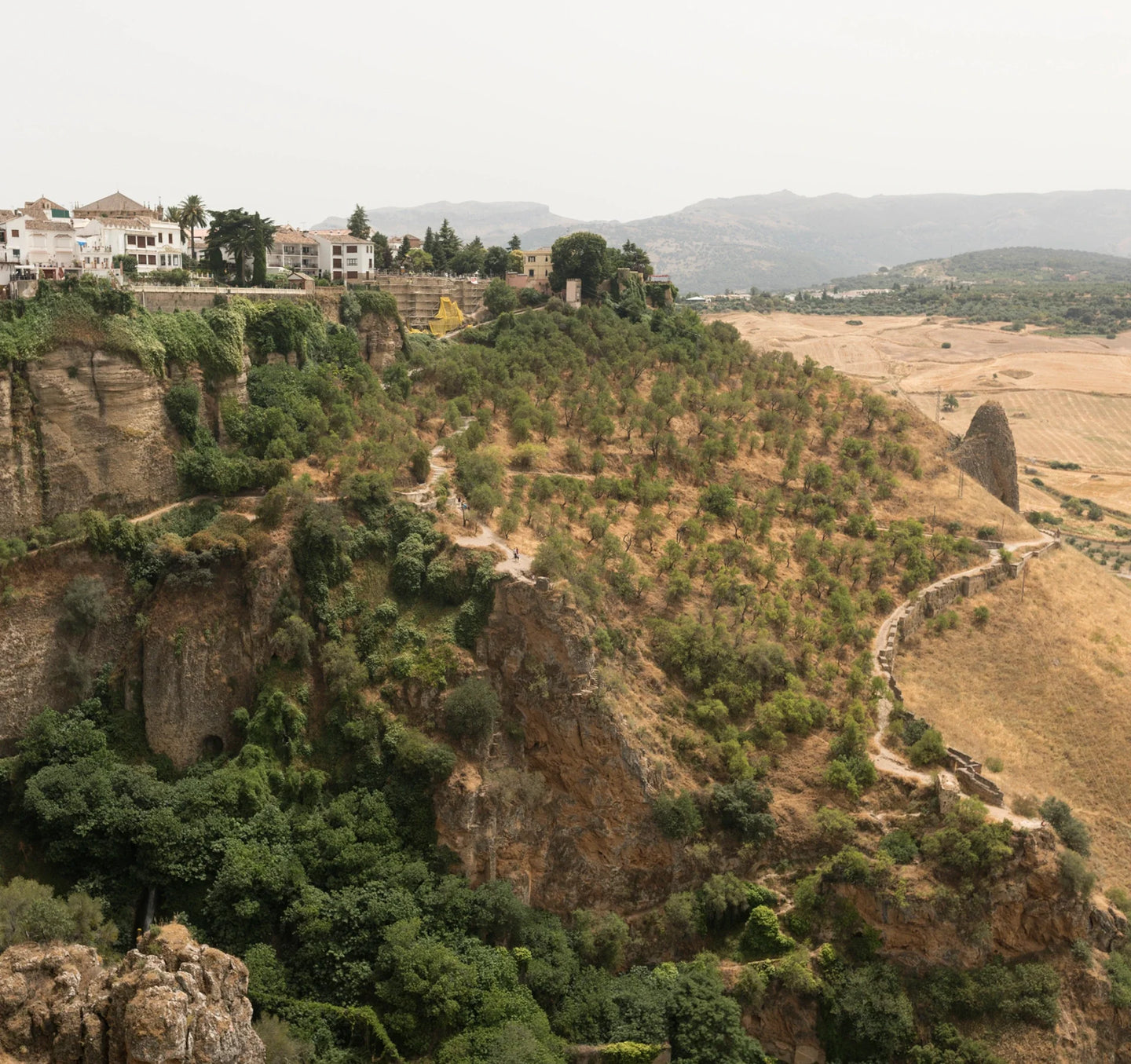 A scenic view of Ronda, Spain, featuring dramatic cliffs, lush greenery, and a winding pathway leading through a rugged landscape. Traditional white-washed houses with terracotta roofs are perched on the cliff’s edge, overlooking rolling hills and fields in the background.