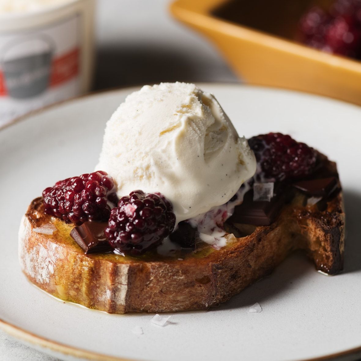 Ice Cream on Toast with<br> Roasted Berries, Chocolate, and Olive Oil